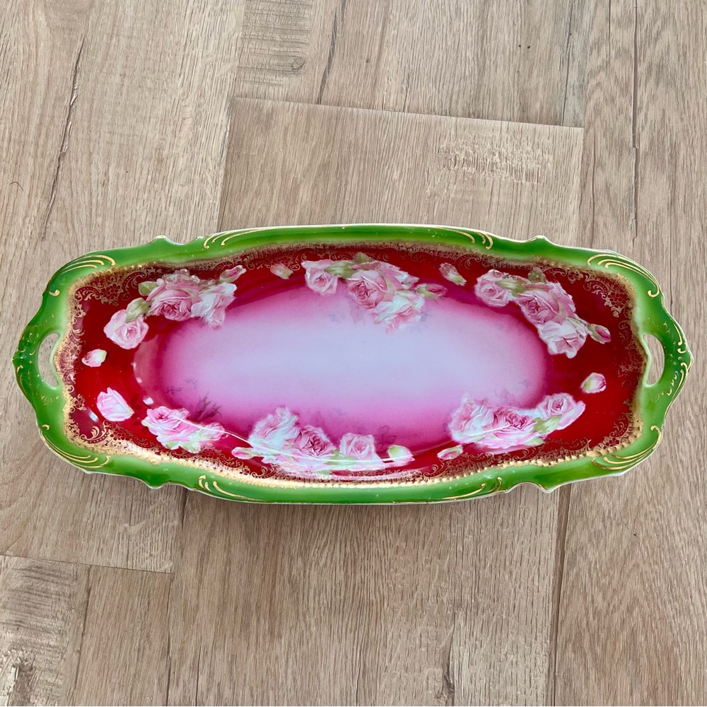 RARE Brunswick Furstenberg Green Pink Roses Porcelain Serving Dish Platter 12” L